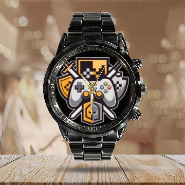 Discover Gaming Logo – Pixel Art Controller and Sword Calendar Steel Band Watch
