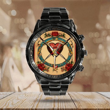 Discover Traditional Tattoo Heart with Cupid Bow Calendar Steel Band Watch