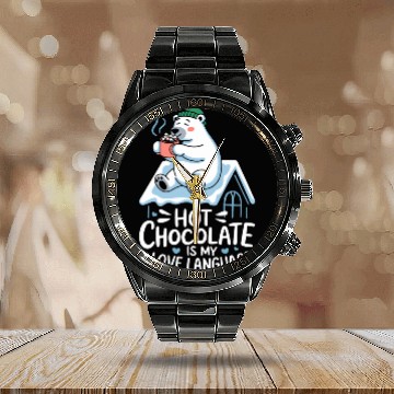 Discover Hot Chocolate Is My Love Language Cozy Polar Bear Calendar Steel Band Watch