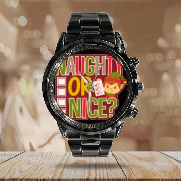 Discover Playful Elf Naughty or Nice Holiday Fun Calendar Steel Band Watch