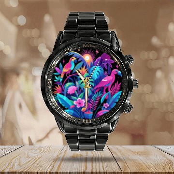 Discover Neon Tropical Jungle at Night – Bright Pink Leaves Calendar Steel Band Watch