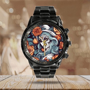 Discover Gothic Day of the Dead Witch Calendar Steel Band Watch