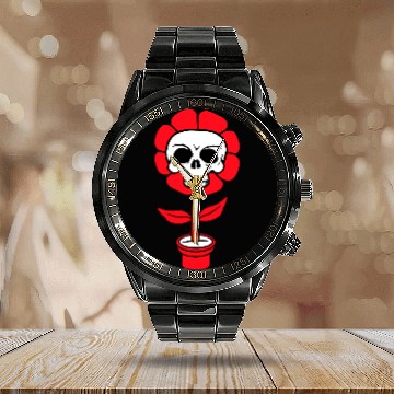 Discover Evil Skull Flower Horror Halloween Skeleton Head Calendar Steel Band Watch