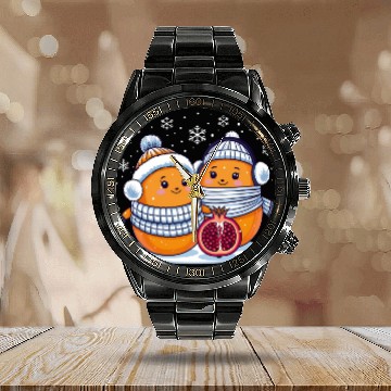 Discover Cozy Winter Fruits: Oranges & Pomegranate Calendar Steel Band Watch