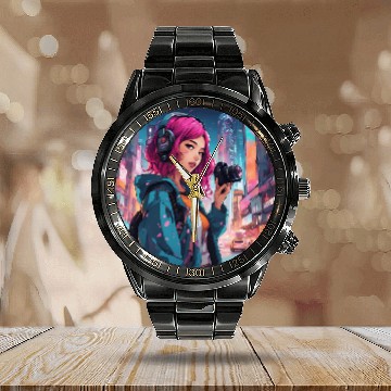 Discover Cyberpunk Pink-Haired Girl - Neon Dreams Calendar Steel Band Watch