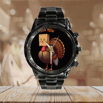 Discover Turkey Funny Fake Cat Meow Thanksgiving Calendar Steel Band Watch