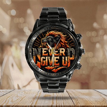 Discover Never Give Up Fiery Lion Motivational Calendar Steel Band Watch