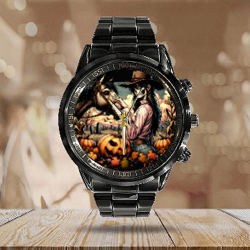 Discover Haunting Cowgirl and Horse in Halloween Graveyard Calendar Steel Band Watch