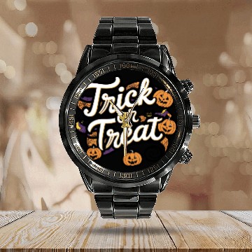 Discover Whimsical Halloween Design Titled Trick or Treat Calendar Steel Band Watch