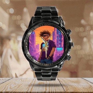 Discover "Edgy Cyberpunk Street Style Portrait Art" Calendar Steel Band Watch