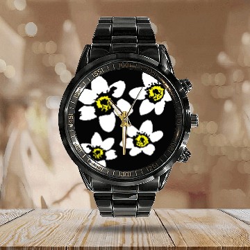 Discover Beautiful White Daisies Flowers Spring Summer Fun Calendar Steel Band Watch