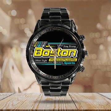 Discover Stay Strong Boston Massachusetts City Yellow Calendar Steel Band Watch