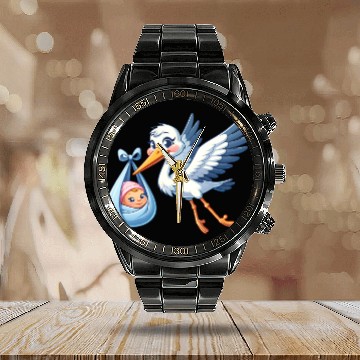 Discover Stork Carrying Newborn Baby in Blue Blanket - Calendar Steel Band Watch