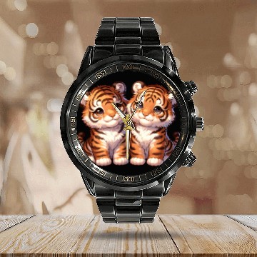 Discover Adorable Twin Tiger Cubs Illustration with Flowers Calendar Steel Band Watch