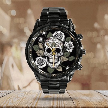 Discover Mystic Floral Skull Design Calendar Steel Band Watch