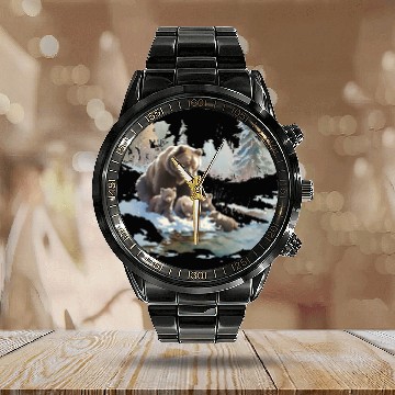 Discover Retro 399 Grizzly Bears Wilderness Scene 90s Calendar Steel Band Watch