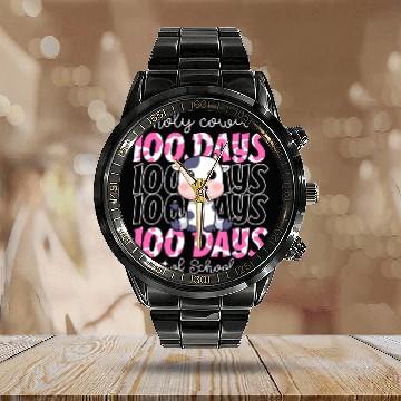 Discover 100 Days Of school Cow Pink School teacher Calendar Steel Band Watch
