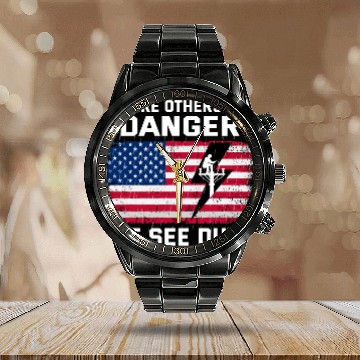Discover American Flag Lineman Duty Danger Calendar Steel Band Watch