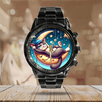 Discover Cute Cat Relaxing on Moon with Stars and Coffee Calendar Steel Band Watch
