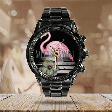 Discover Salty but Sweet - Tropical Flamingo Vibes Calendar Steel Band Watch