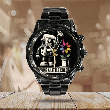 Discover Colorful Floral Robot Calendar Steel Band Watch