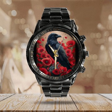 Discover Raven Red Poppies Gothic Nature Art natural Calendar Steel Band Watch