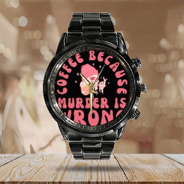Discover Retro Coffee Because Murder Skeleton Calendar Steel Band Watch