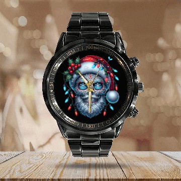Discover Festive Sugar Skull Santa Christmas Vibes Calendar Steel Band Watch