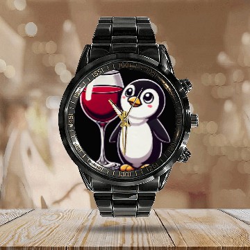 Discover Cute Penguin Wine Red Wine Cartoon Calendar Steel Band Watch