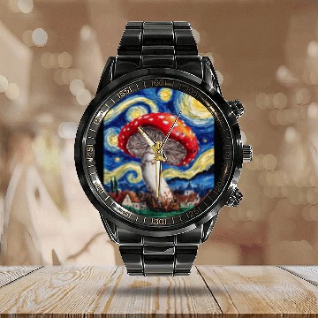 Discover Starry Night Mushroom: Surreal Watercolor Dreamsca Calendar Steel Band Watch