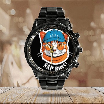 Discover Cat Nap Boss with Cap and Sunglasses Calendar Steel Band Watch