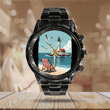 Discover Deck Chair Beach chair and lighthouse ocean scene Calendar Steel Band Watch