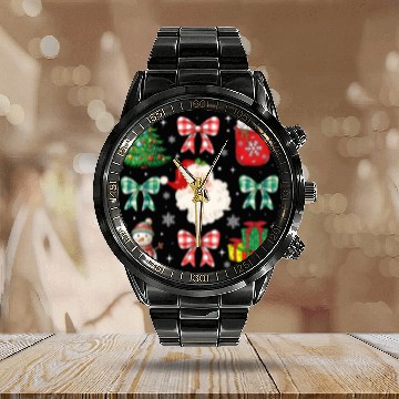 Discover Christmas Coquette Bow Holiday Santa Family Tree Calendar Steel Band Watch