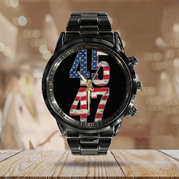 Discover 45 and 47 American Flag Reflection Trump 2024 Calendar Steel Band Watch