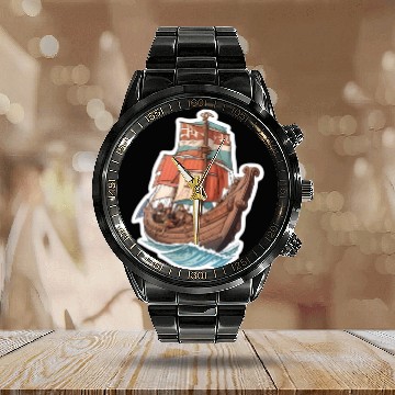 Discover Viking Ship Adventure Art Calendar Steel Band Watch