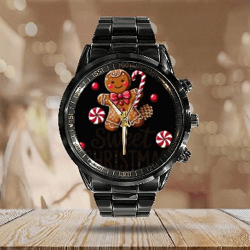 Discover Happy gingerbread man with candy cane Calendar Steel Band Watch