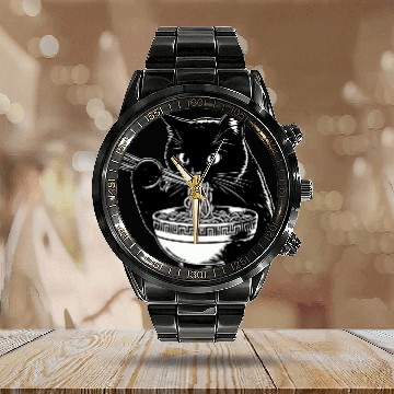 Discover Cat Eating Ramen Noodles Japanese Funny Calendar Steel Band Watch
