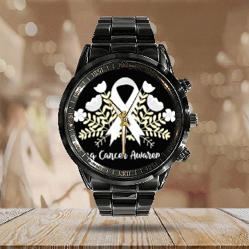 Discover Lung Cancer Awarenss White Ribbon Floral Calendar Steel Band Watch