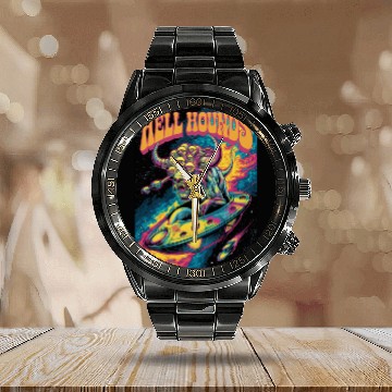 Discover Hell Hounds: Psychedelic Space Dog Calendar Steel Band Watch