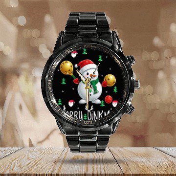 Discover Merry Dinkmas with Christmas Pickleball Snowman Calendar Steel Band Watch