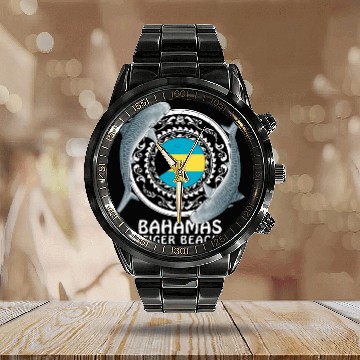 Discover Tiger Beach Bahamas Flag Tiger Shark Bull Shark Calendar Steel Band Watch