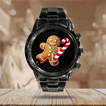 Discover Happy gingerbread man with candy cane Calendar Steel Band Watch