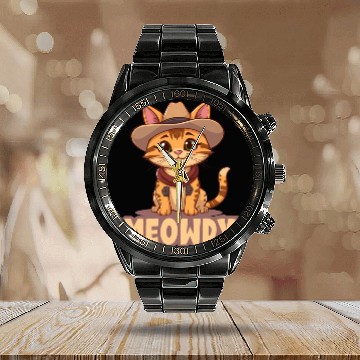 Discover Cowboy Cat "Meowdy" Western yellow wild west cat Calendar Steel Band Watch