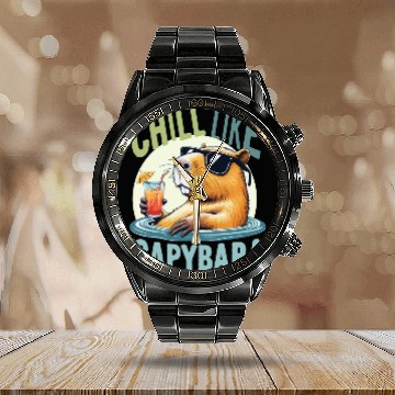Discover gift idea funny quote zen design Capybara Calendar Steel Band Watch
