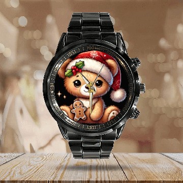 Discover Cute Christmas teddy bear with gingerbread Calendar Steel Band Watch