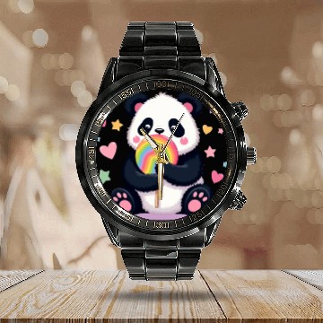 Discover Chubby Panda with Rainbow Lollipop Calendar Steel Band Watch