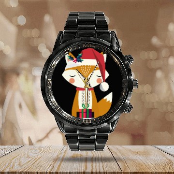 Discover cute fox with santa hat and gift Calendar Steel Band Watch