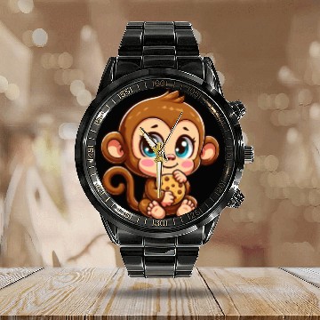 Discover Cute Monkey Chimpanzee eating cookies cartoon Calendar Steel Band Watch