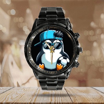 Discover Cute Penguin Cartoon Soccer Player Calendar Steel Band Watch