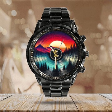 Discover Sunset Vinyl Nature Inspired Retro Calendar Steel Band Watch